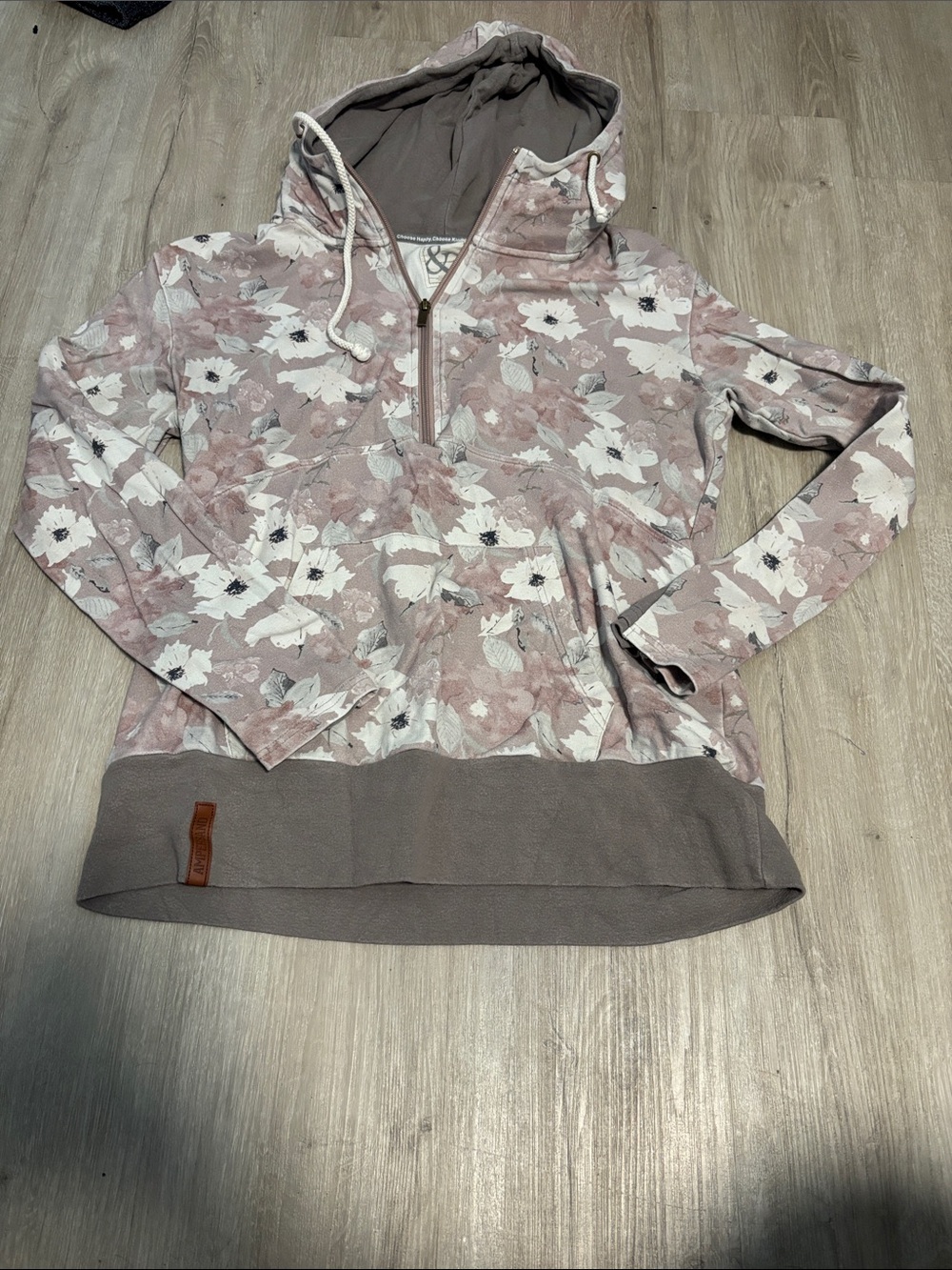 AMPERSAND AVE Floral Half-Zip Hoodie in Dusty Pink and Taupe